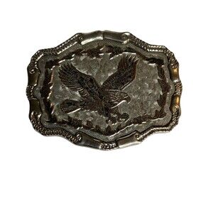 VTG Large Eagle Belt Buckle USA W Roping Around Edge Silver & Bronze Tone